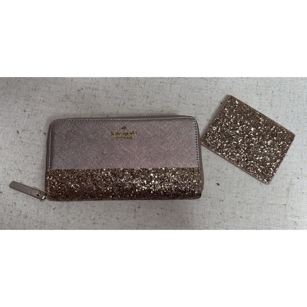 Kate Spade Greta Court Glitter Wallet Cityscape Zip Around Rose Gold Pink + Card